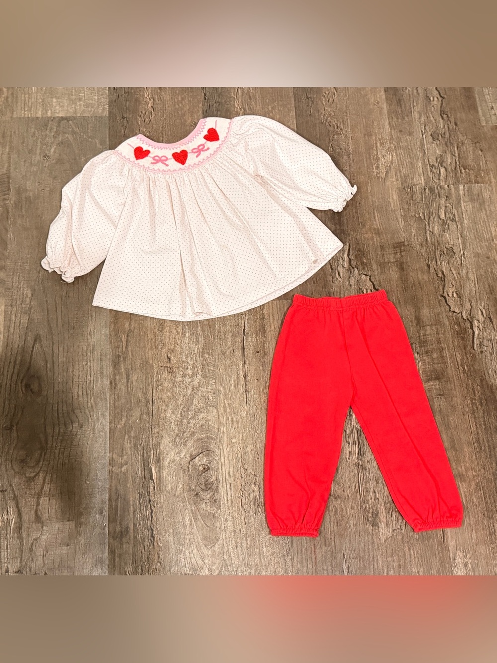 Girls' Heart Smocked White Top and Red Pajama Pants Set